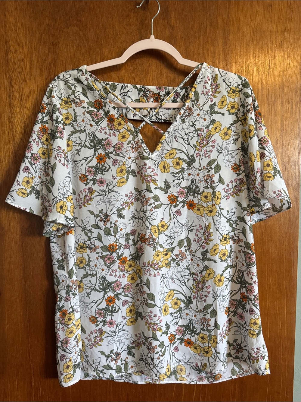 Daytrip Cream Floral Crisscross Back Top with Yellow & Green Blooms